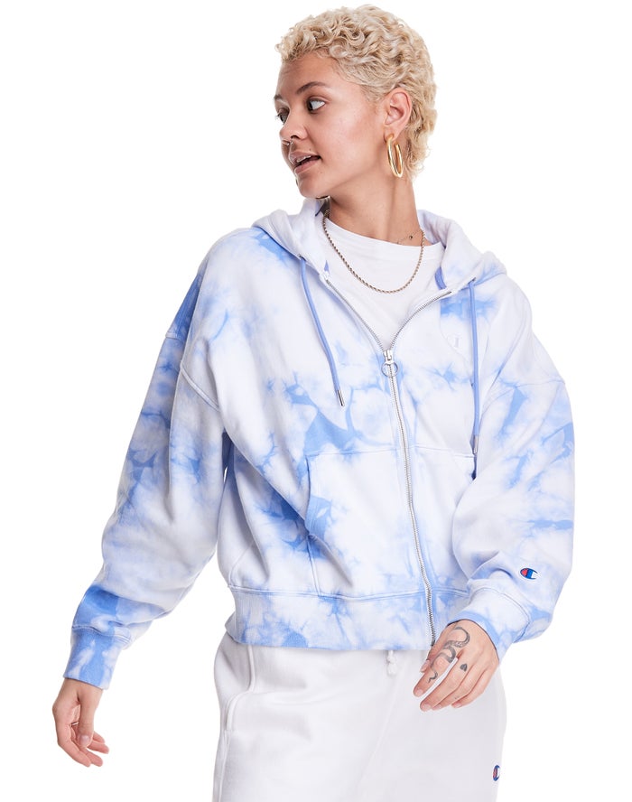 Champion Womens Hoodie NZ - Galaxy Dye Full Zip Boxy Embroidered C Logo White/Blue ( 9853-PXEMD )